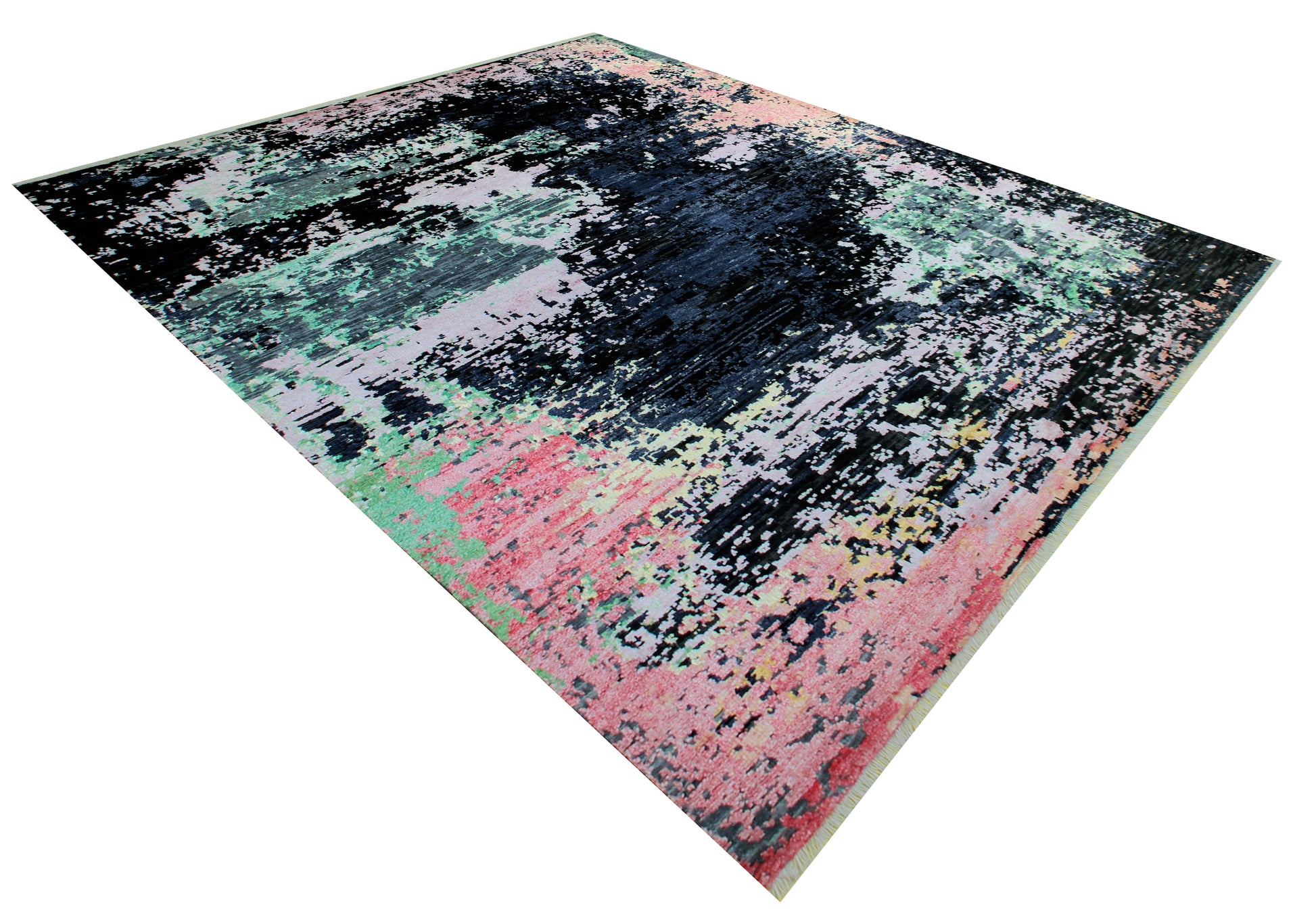 Modern Abstract Distressed Hand Knotted Rug 7.6x10.6 - Black Pink Mint 30 KPSI Wool Viscose