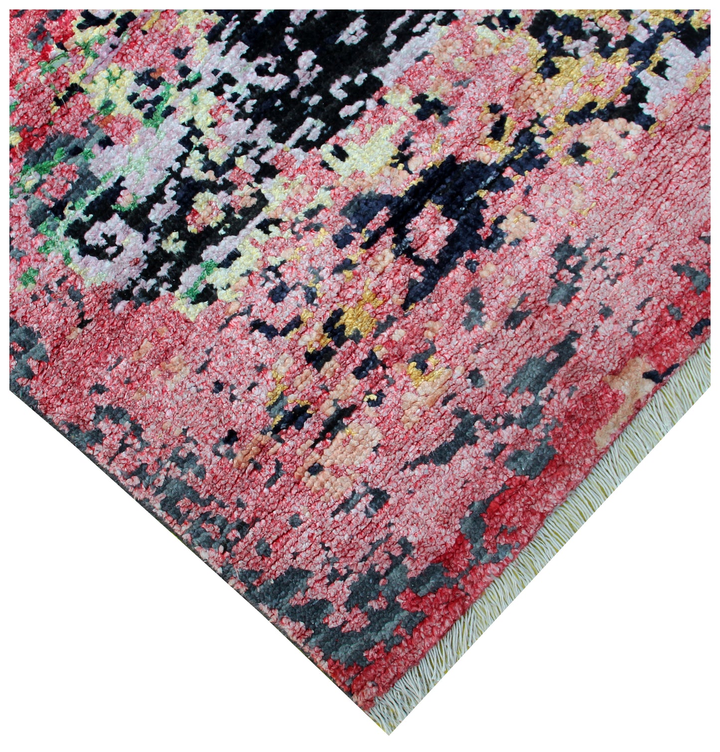 Modern Abstract Distressed Hand Knotted Rug 7.6x10.6 - Black Pink Mint 30 KPSI Wool Viscose
