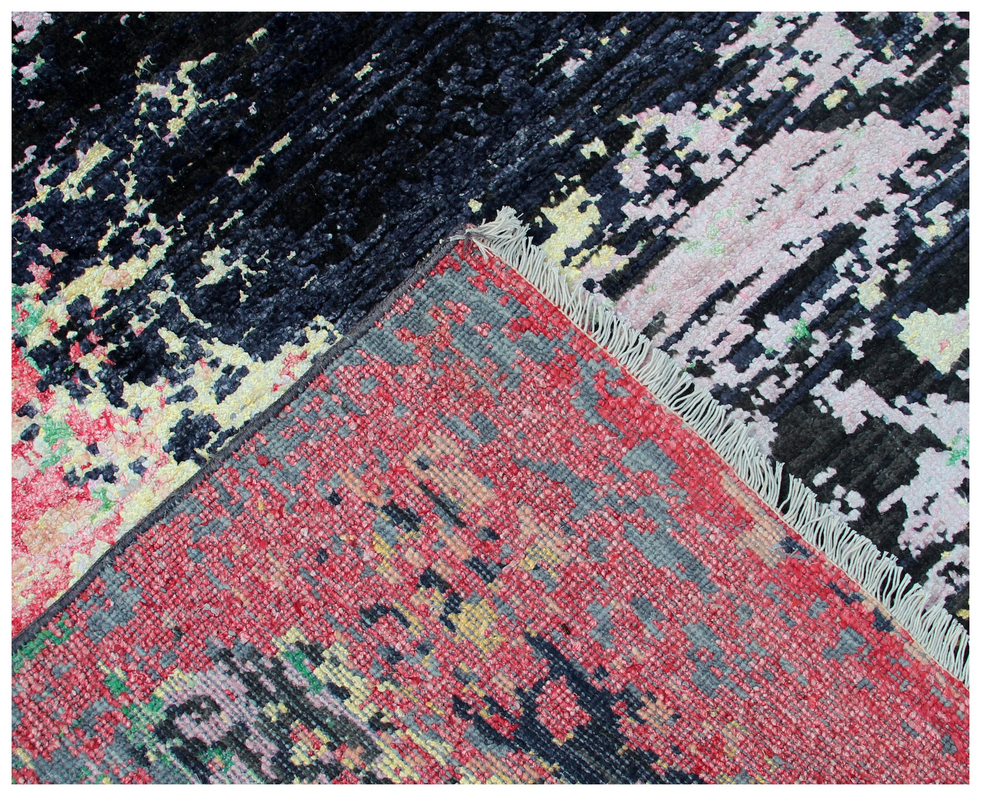Modern Abstract Distressed Hand Knotted Rug 7.6x10.6 - Black Pink Mint 30 KPSI Wool Viscose