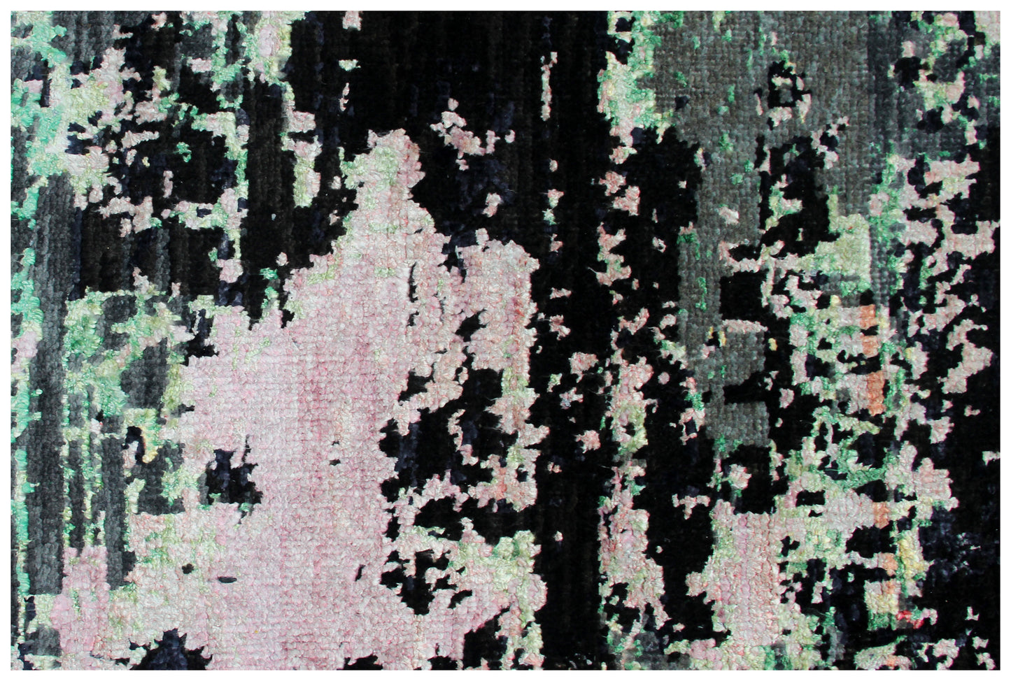 Modern Abstract Distressed Hand Knotted Rug 7.6x10.6 - Black Pink Mint 30 KPSI Wool Viscose