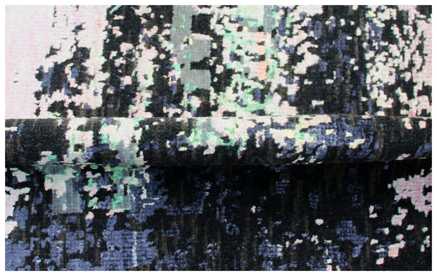 Modern Abstract Distressed Hand Knotted Rug 7.6x10.6 - Black Pink Mint 30 KPSI Wool Viscose