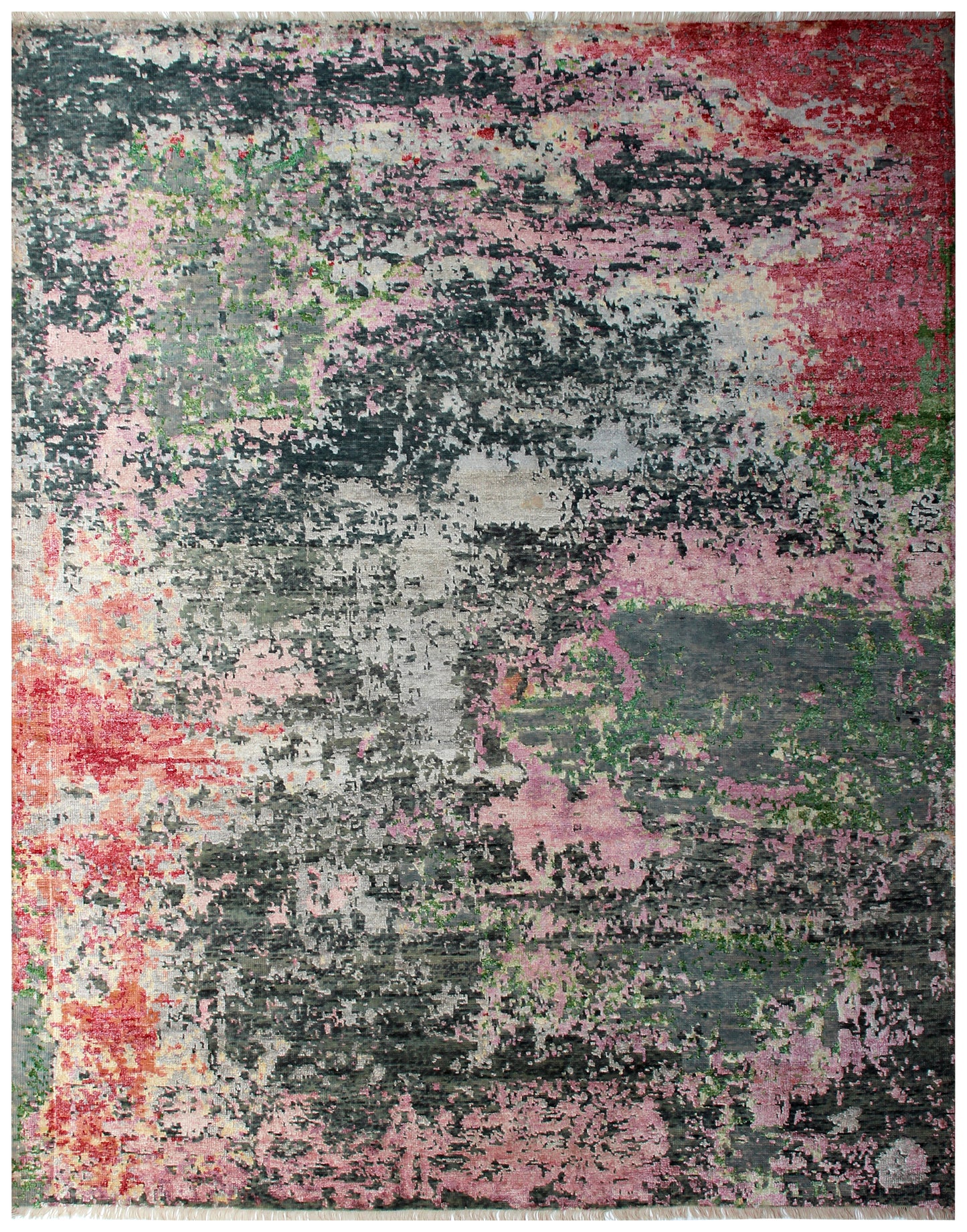 Grey Pink Green Red Hand Knotted 8x10 Vintage Antique Wool Viscose Area Rug - Abstract Distressed
