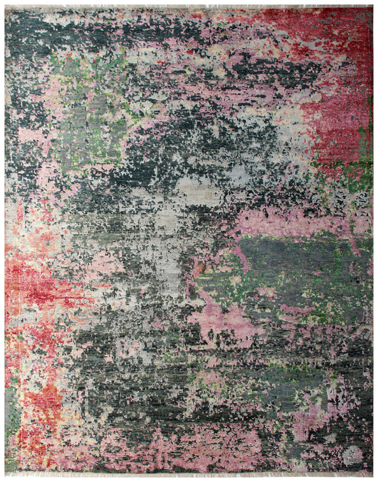 Grey Pink Green Red Hand Knotted 8x10 Vintage Antique Wool Viscose Area Rug - Abstract Distressed