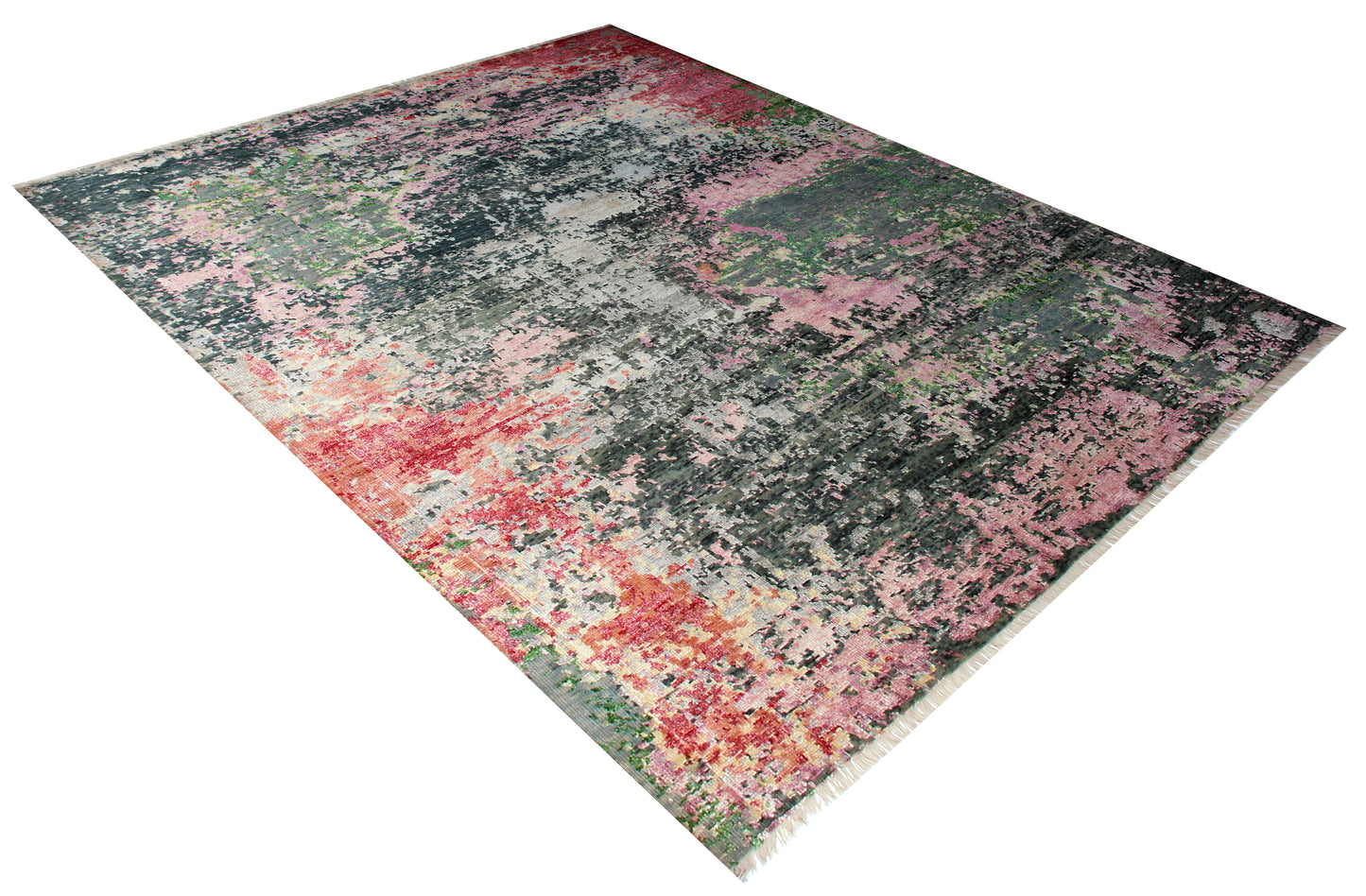 Grey Pink Green Red Hand Knotted 8x10 Vintage Antique Wool Viscose Area Rug - Abstract Distressed