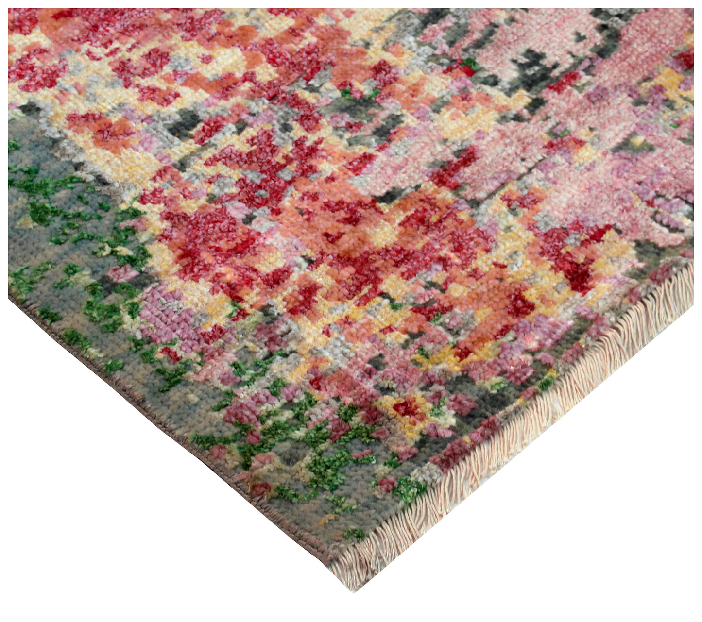 Grey Pink Green Red Hand Knotted 8x10 Vintage Antique Wool Viscose Area Rug - Abstract Distressed