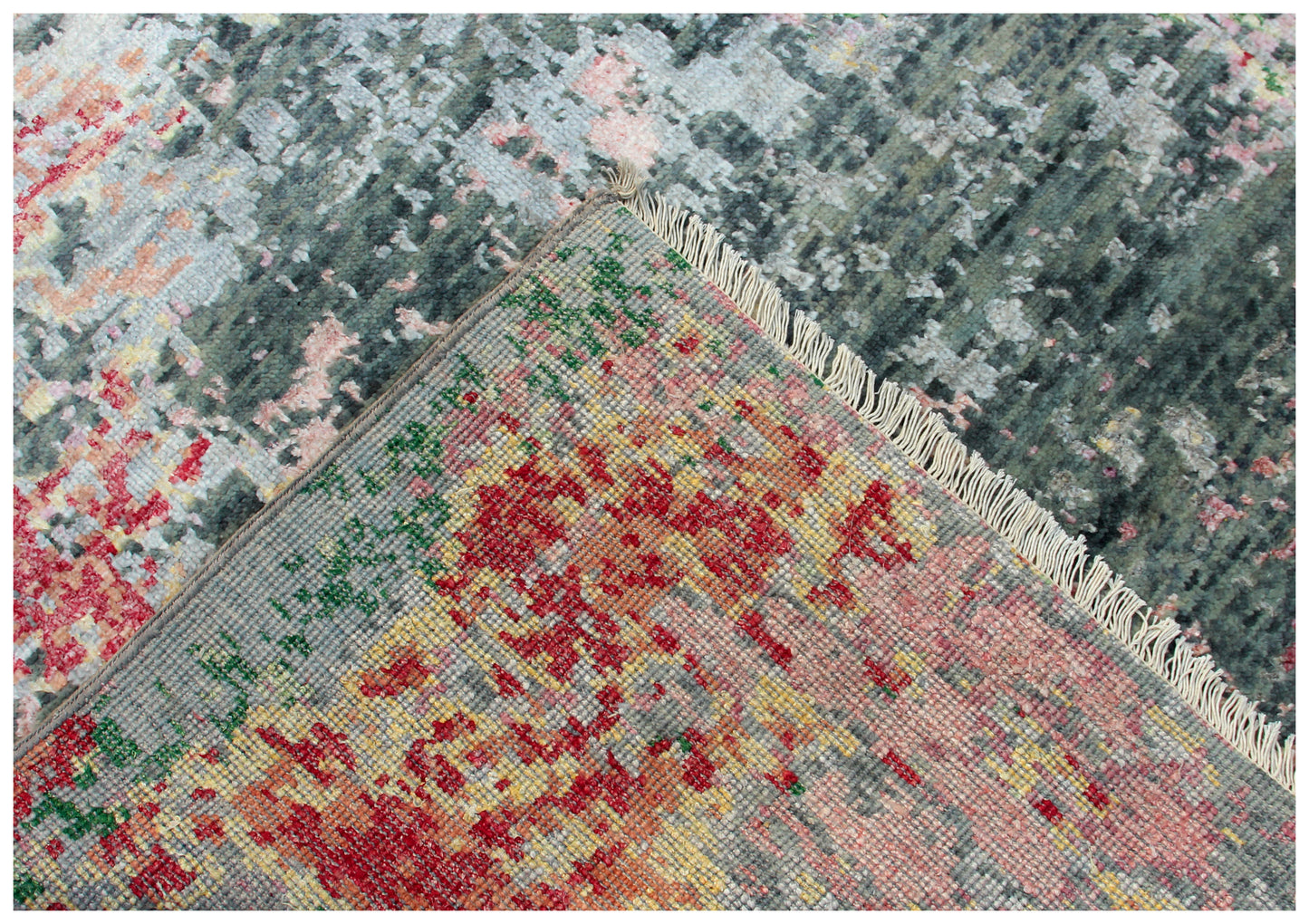 Grey Pink Green Red Hand Knotted 8x10 Vintage Antique Wool Viscose Area Rug - Abstract Distressed