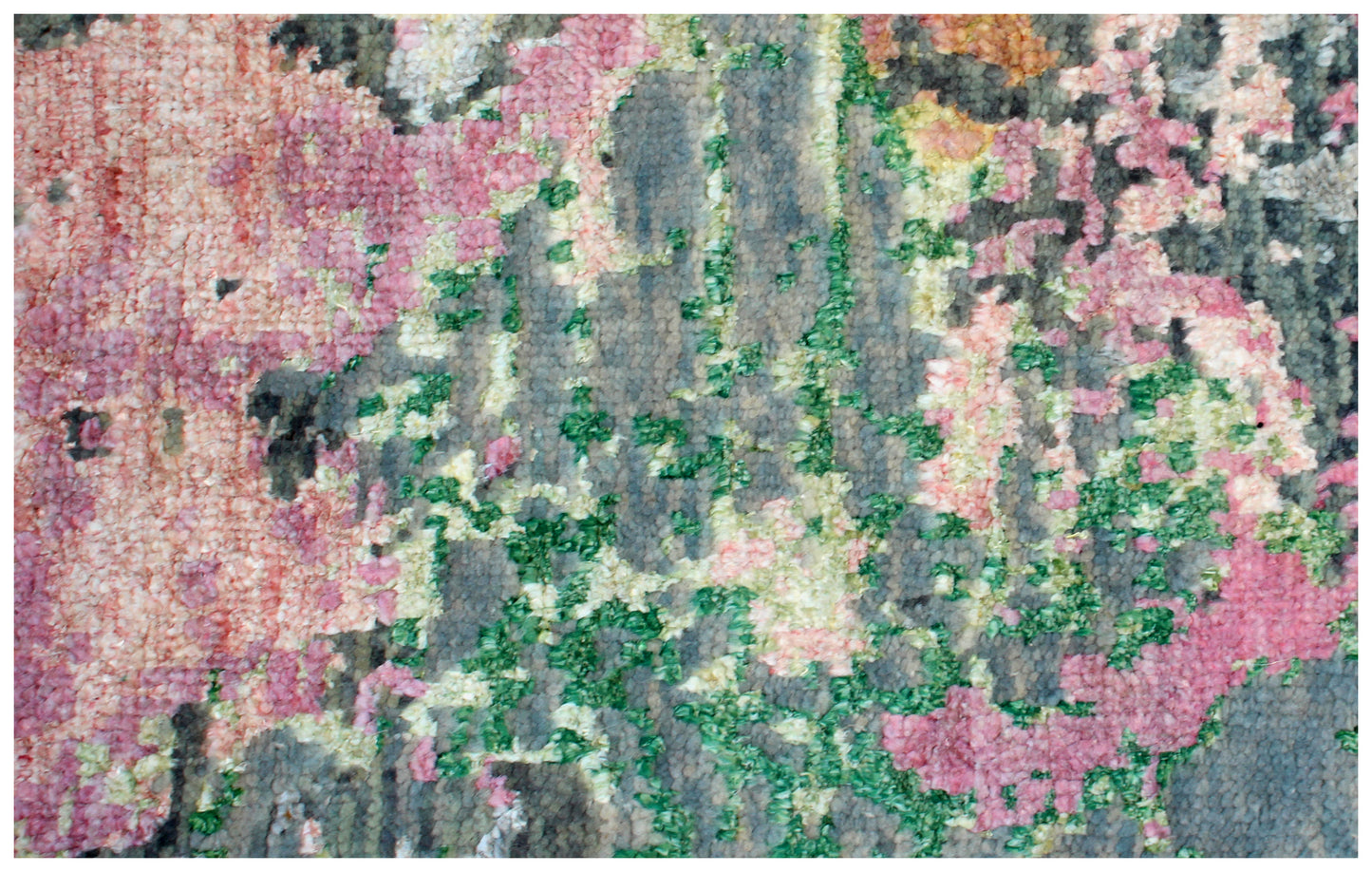 Grey Pink Green Red Hand Knotted 8x10 Vintage Antique Wool Viscose Area Rug - Abstract Distressed