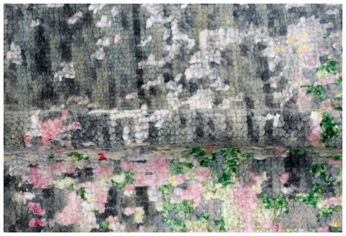 Grey Pink Green Red Hand Knotted 8x10 Vintage Antique Wool Viscose Area Rug - Abstract Distressed