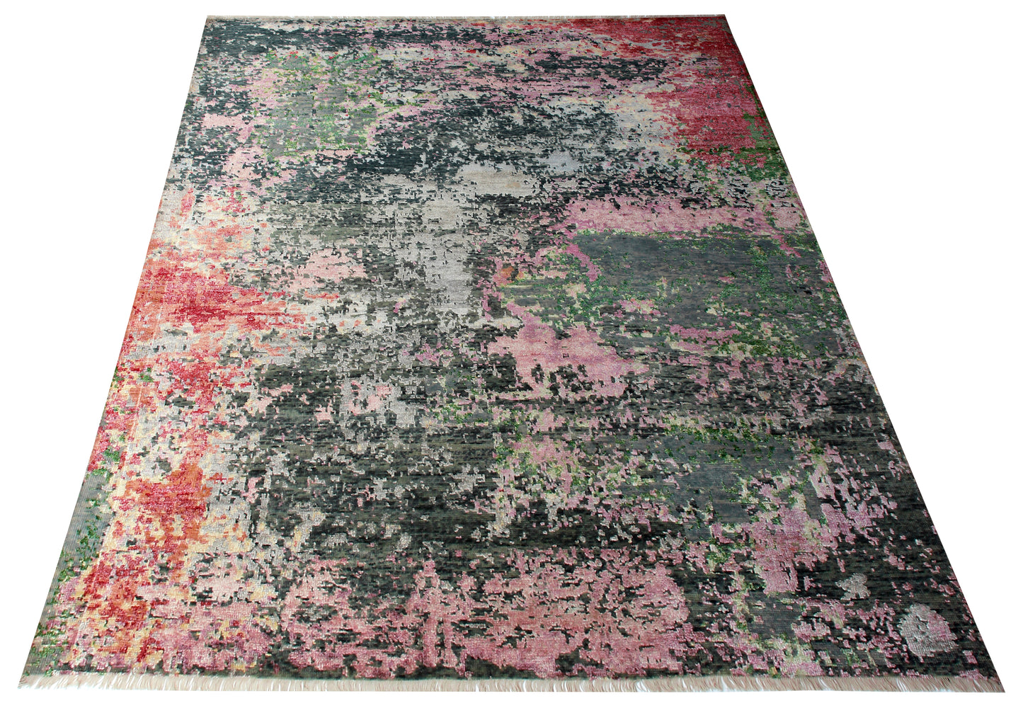 Grey Pink Green Red Hand Knotted 8x10 Vintage Antique Wool Viscose Area Rug - Abstract Distressed