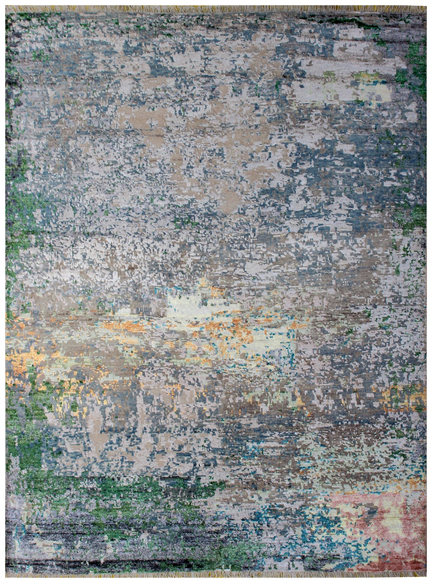 Hand Knotted Wool Viscose Rug 8x10 - Grey Beige Modern Abstract Distressed Bhadohi Rugs