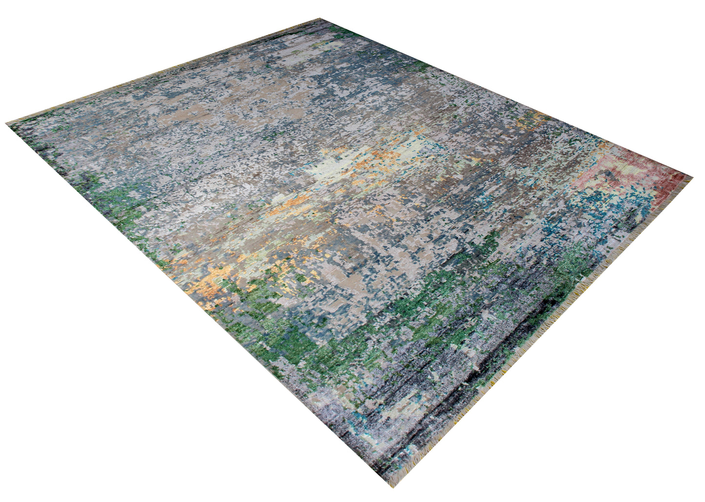 Hand Knotted Wool Viscose Rug 8x10 - Grey Beige Modern Abstract Distressed Bhadohi Rugs