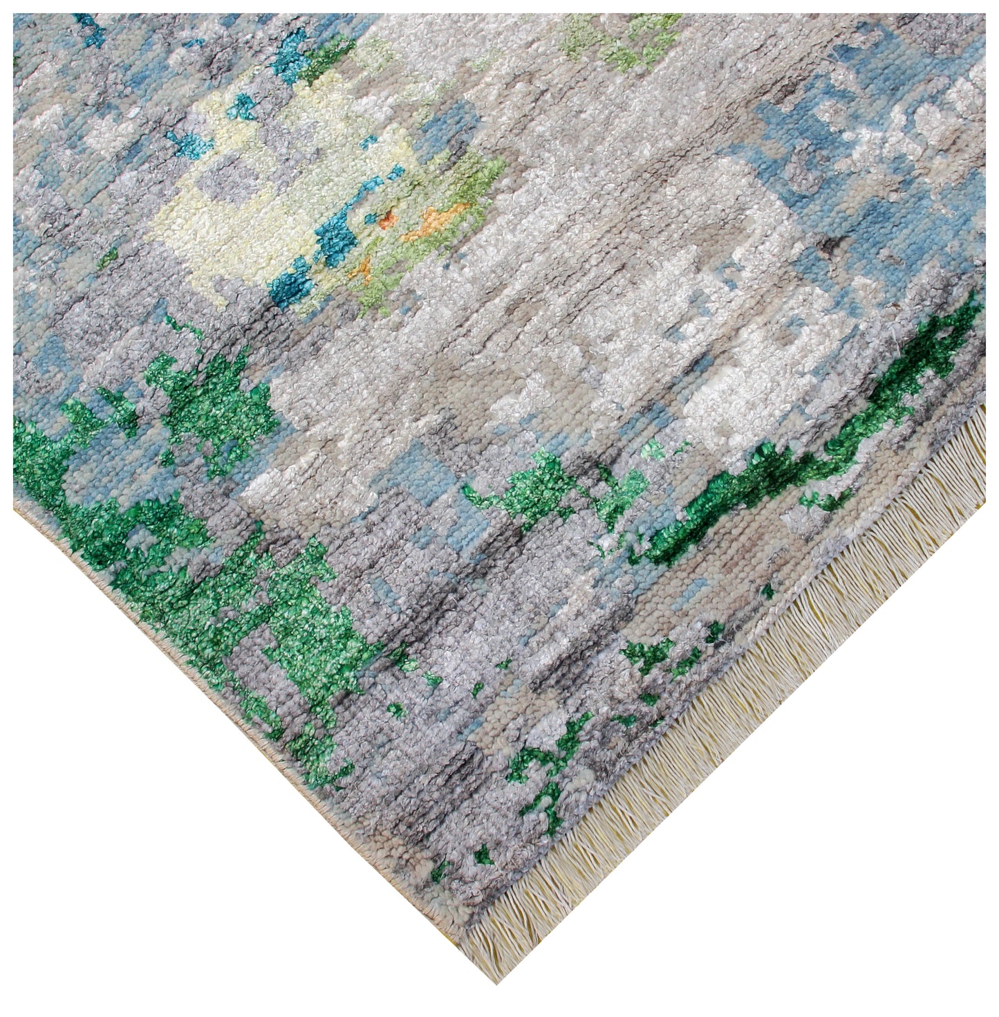 Hand Knotted Wool Viscose Rug 8x10 - Grey Beige Modern Abstract Distressed Bhadohi Rugs