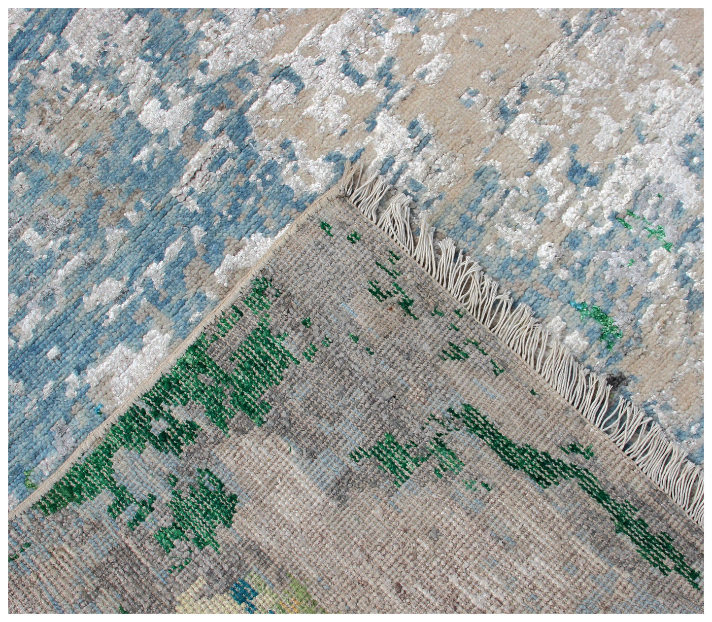 Hand Knotted Wool Viscose Rug 8x10 - Grey Beige Modern Abstract Distressed Bhadohi Rugs