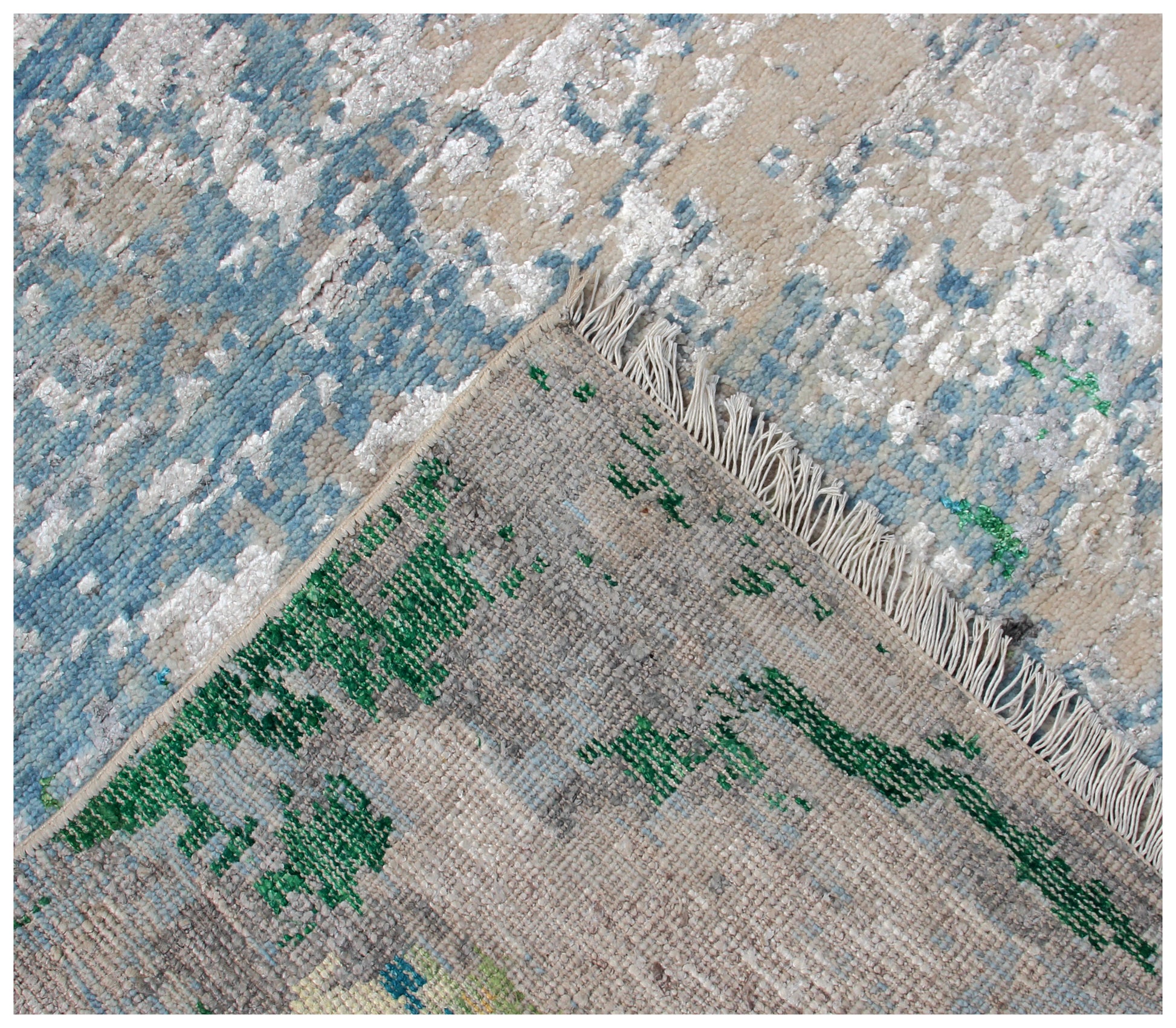 Hand Knotted Wool Viscose Rug 8x10 - Grey Beige Modern Abstract Distressed Bhadohi Rugs