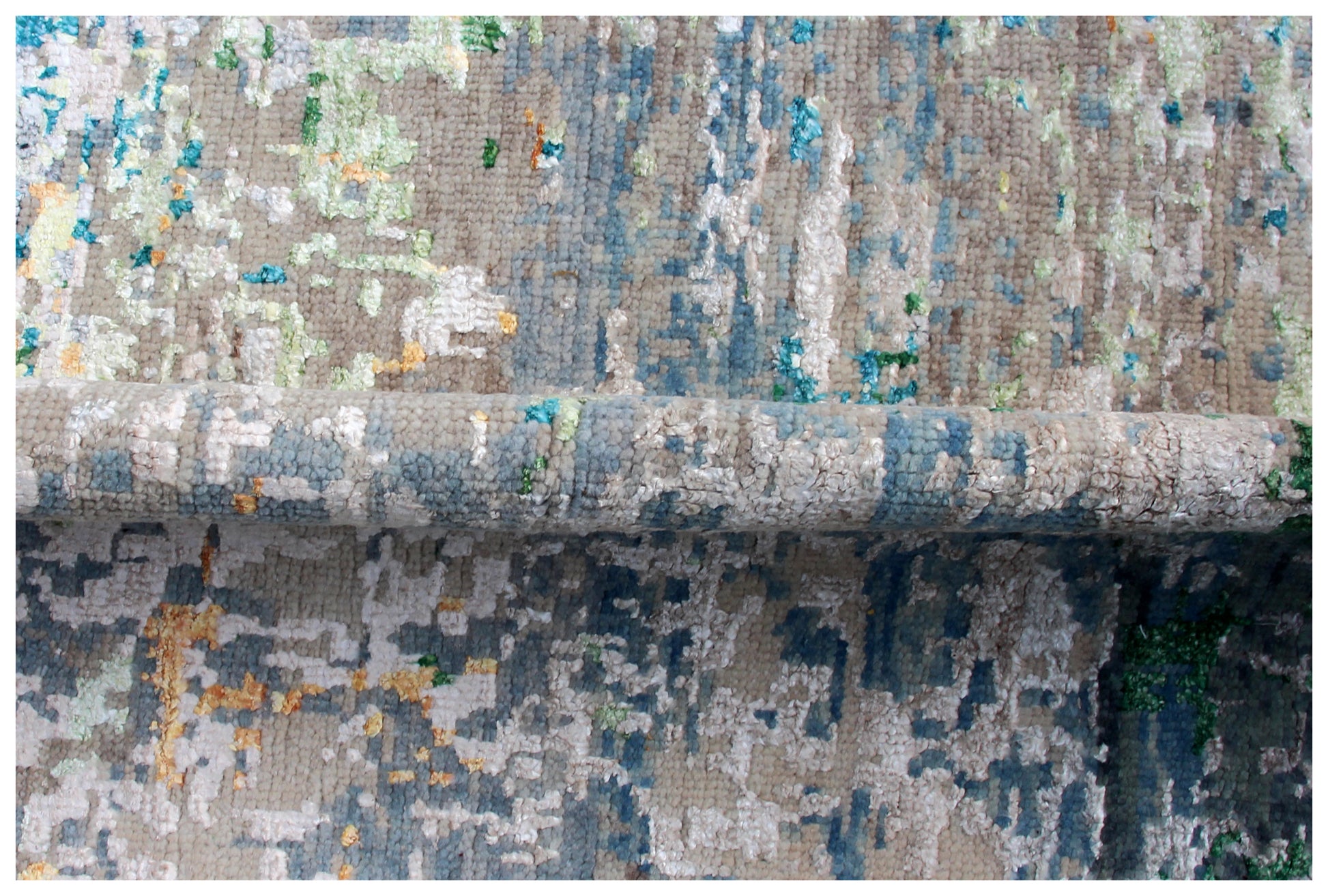 Hand Knotted Wool Viscose Rug 8x10 - Grey Beige Modern Abstract Distressed Bhadohi Rugs