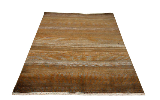Modern 6x9 and 5.6x8 Hand Knotted Gold Striped Wool Rug