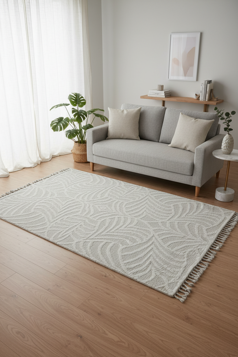 Hand Knotted Ivory Geometrical Swirl Rug - Hand Carved Texture 5.6x8 Feet