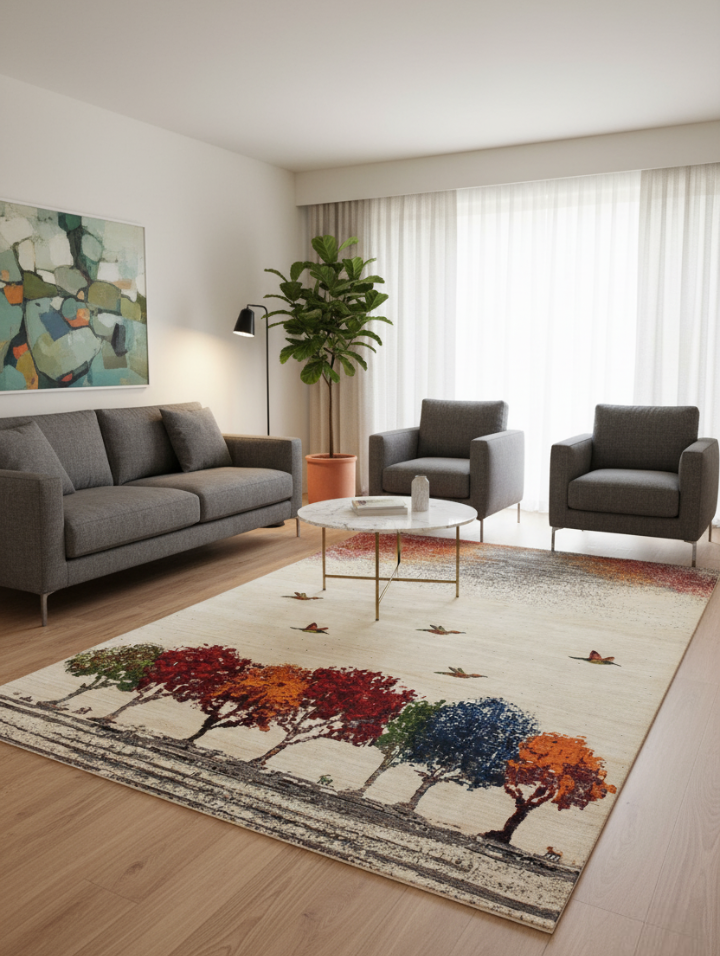 Hand Knotted Tree Landscape Rug - Ivory Multi Color Natural Wool Area Rug (Custom Sizes)