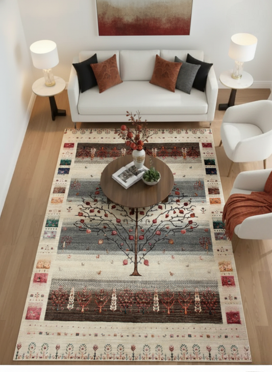 Hand Knotted Tree of Life Rug - Ivory Grey Maroon Natural Wool Area Rug (Custom Sizes)