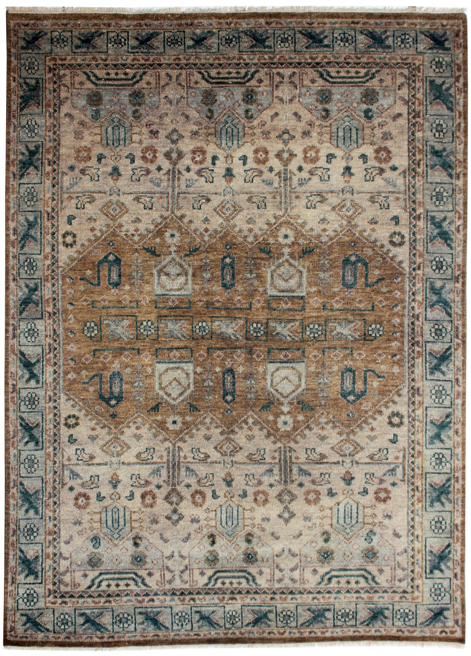 Vintage Style Rust, Beige, Brown and Teal 7.6x10 Traditional Oriental Oushak Hand Knotted Wool Area Rug.