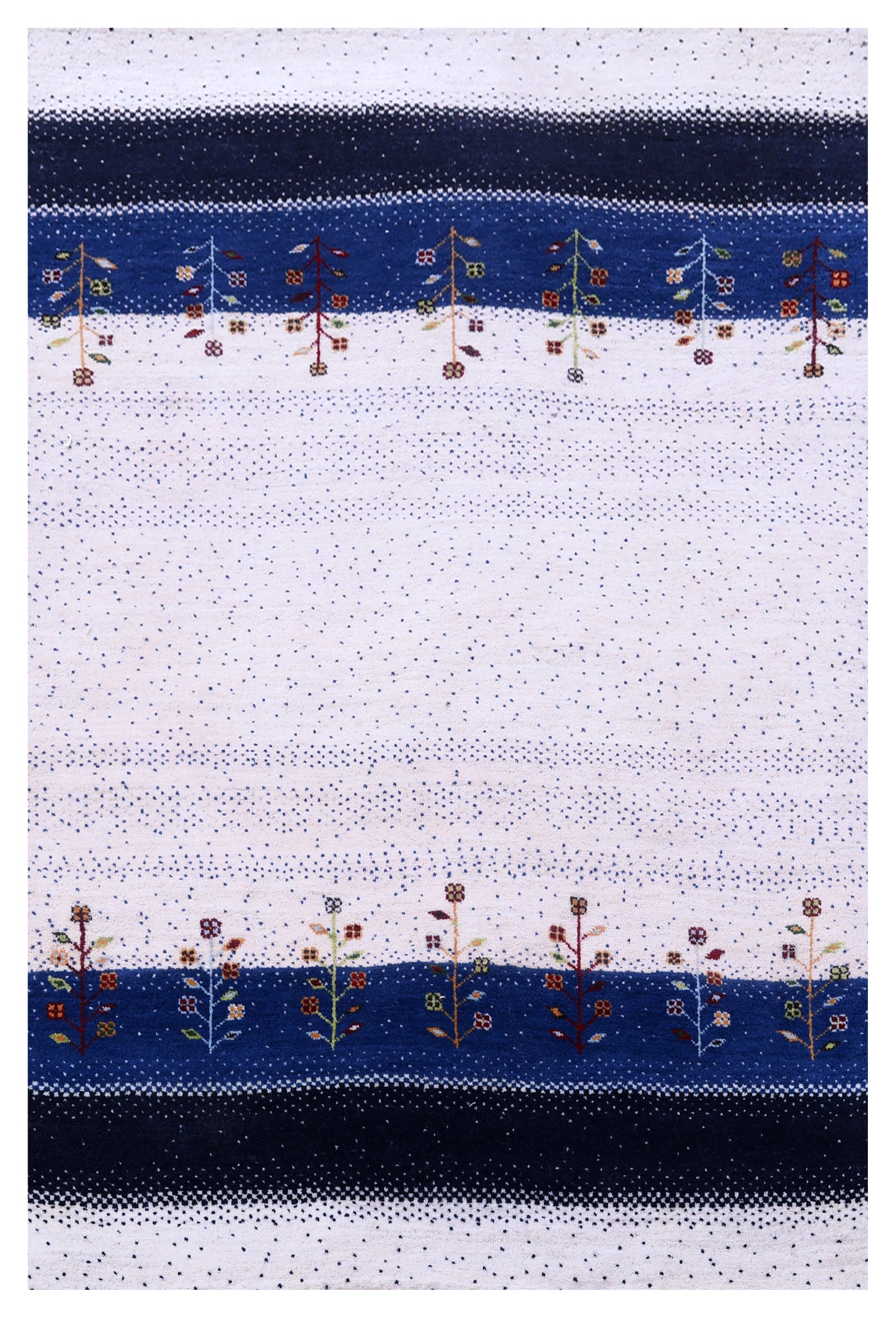 Ivory White Navy Blue Gabbeh Floral Stripe Hand Knotted Wool Traditional 4x6 Area Rug