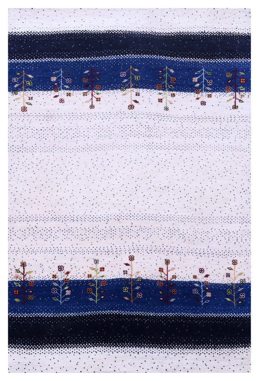 Ivory White Navy Blue Gabbeh Floral Stripe Hand Knotted Wool Traditional 4x6 Area Rug