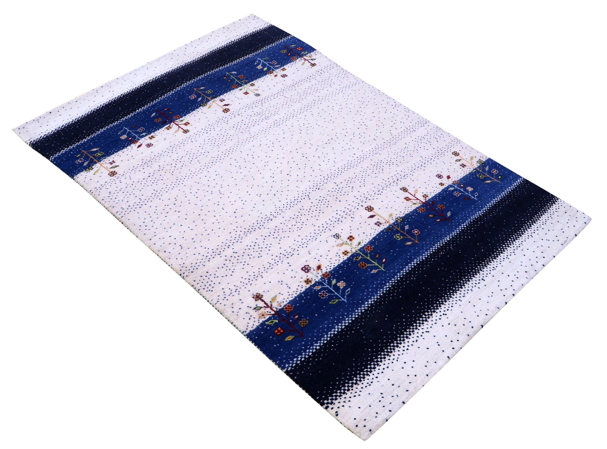 Ivory White Navy Blue Gabbeh Floral Stripe Hand Knotted Wool Traditional 4x6 Area Rug