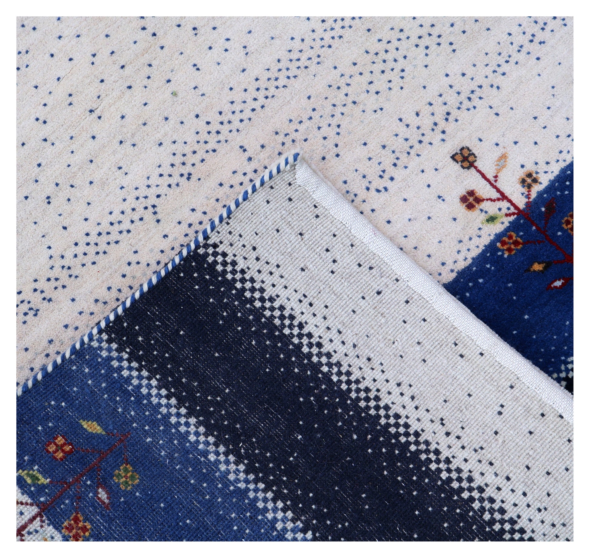 Ivory White Navy Blue Gabbeh Floral Stripe Hand Knotted Wool Traditional 4x6 Area Rug