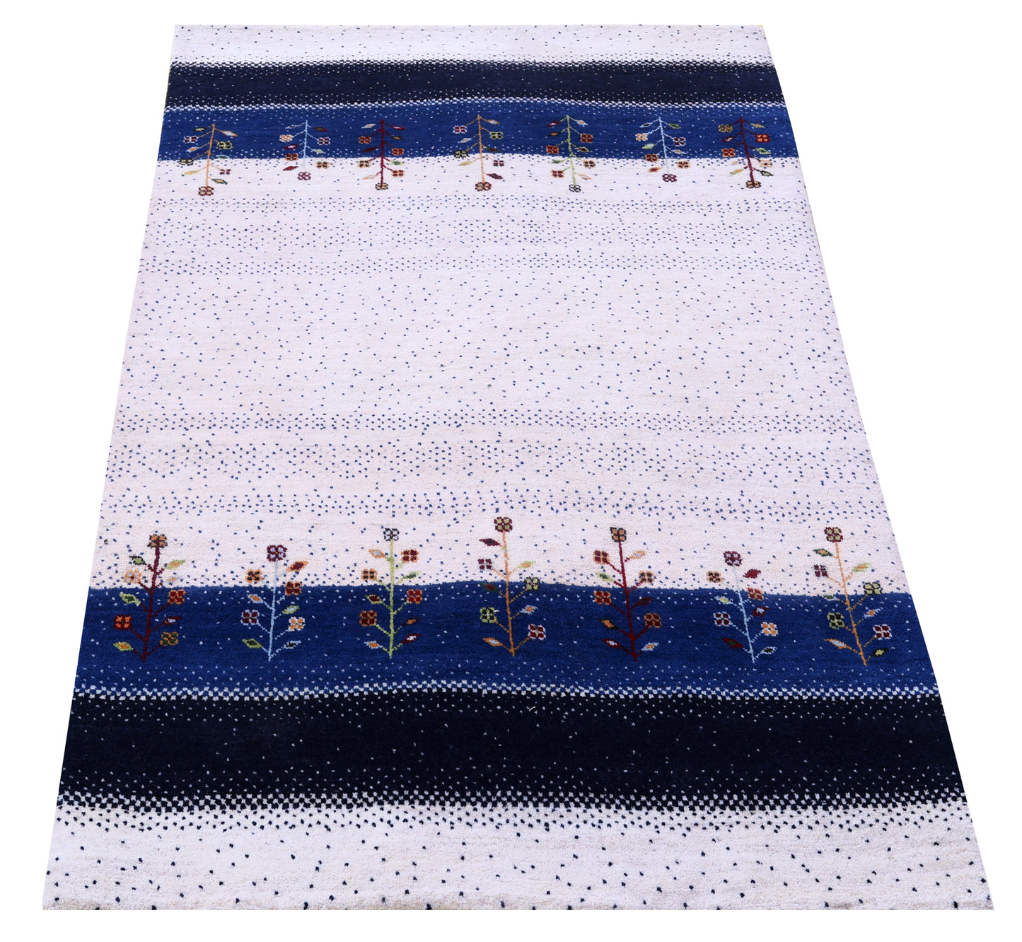 Ivory White Navy Blue Gabbeh Floral Stripe Hand Knotted Wool Traditional 4x6 Area Rug