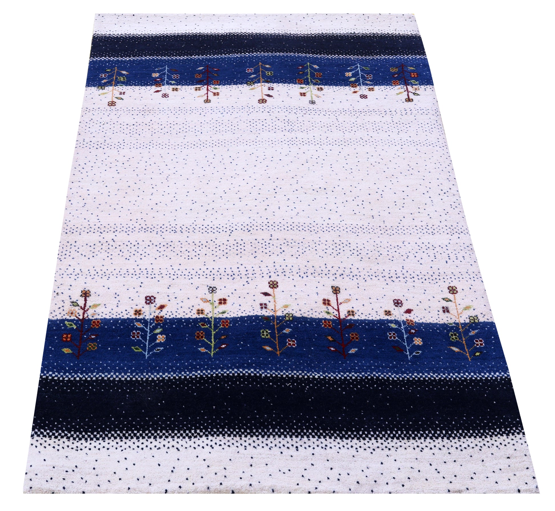 Ivory White Navy Blue Gabbeh Floral Stripe Hand Knotted Wool Traditional 4x6 Area Rug