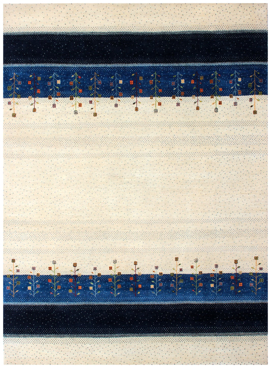 Hand Knotted Gabbeh Tribal Wool Rug 8x10 - ivory Navy Tree Motif