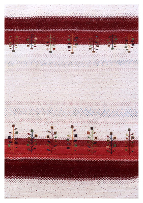 Ivory White Red Gabbeh Floral Stripe Hand Knotted Wool Traditional 4x6 Area Rug