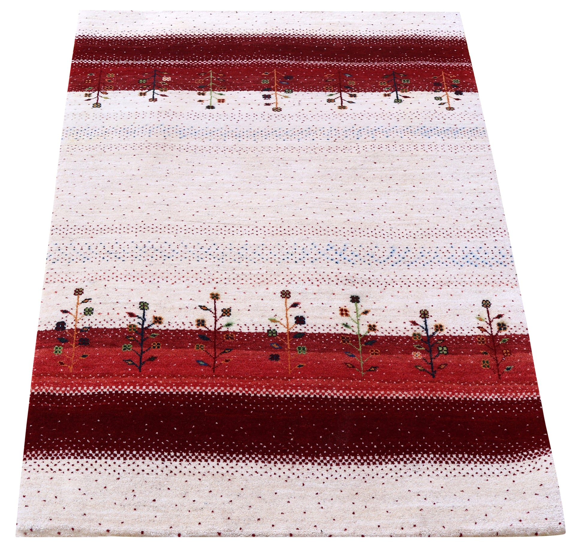 Ivory White Red Gabbeh Floral Stripe Hand Knotted Wool Traditional 4x6 Area Rug