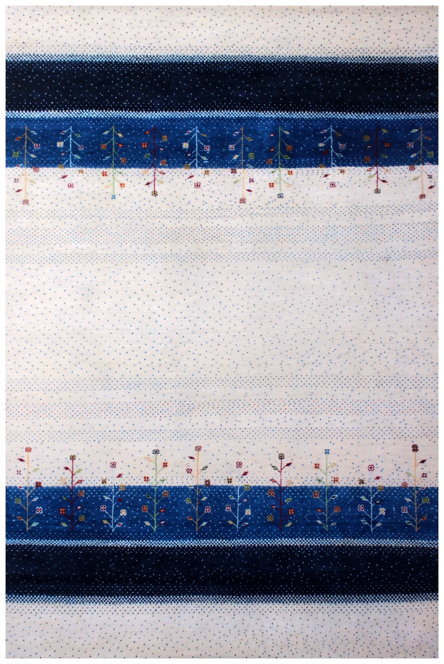 Ivory Blue Stripes Gabbeh Wool Rug 5.6x8 - Hand Knotted Tree Motifs