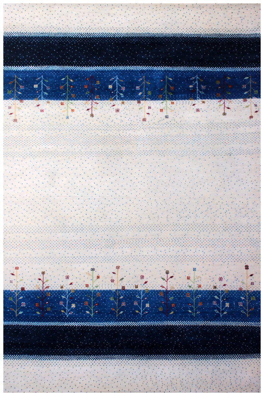 Ivory Blue Stripes Gabbeh Wool Rug 5.6x8 - Hand Knotted Tree Motifs