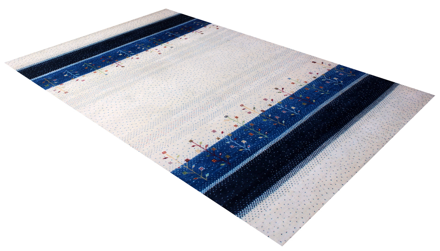 Ivory Blue Stripes Gabbeh Wool Rug 5.6x8 - Hand Knotted Tree Motifs