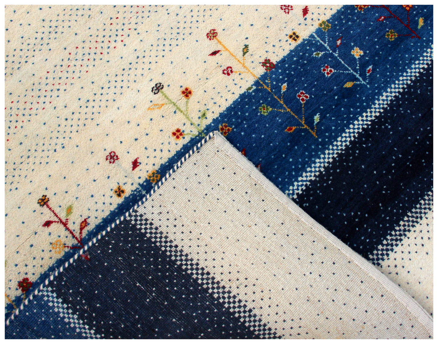 Ivory Blue Stripes Gabbeh Wool Rug 5.6x8 - Hand Knotted Tree Motifs