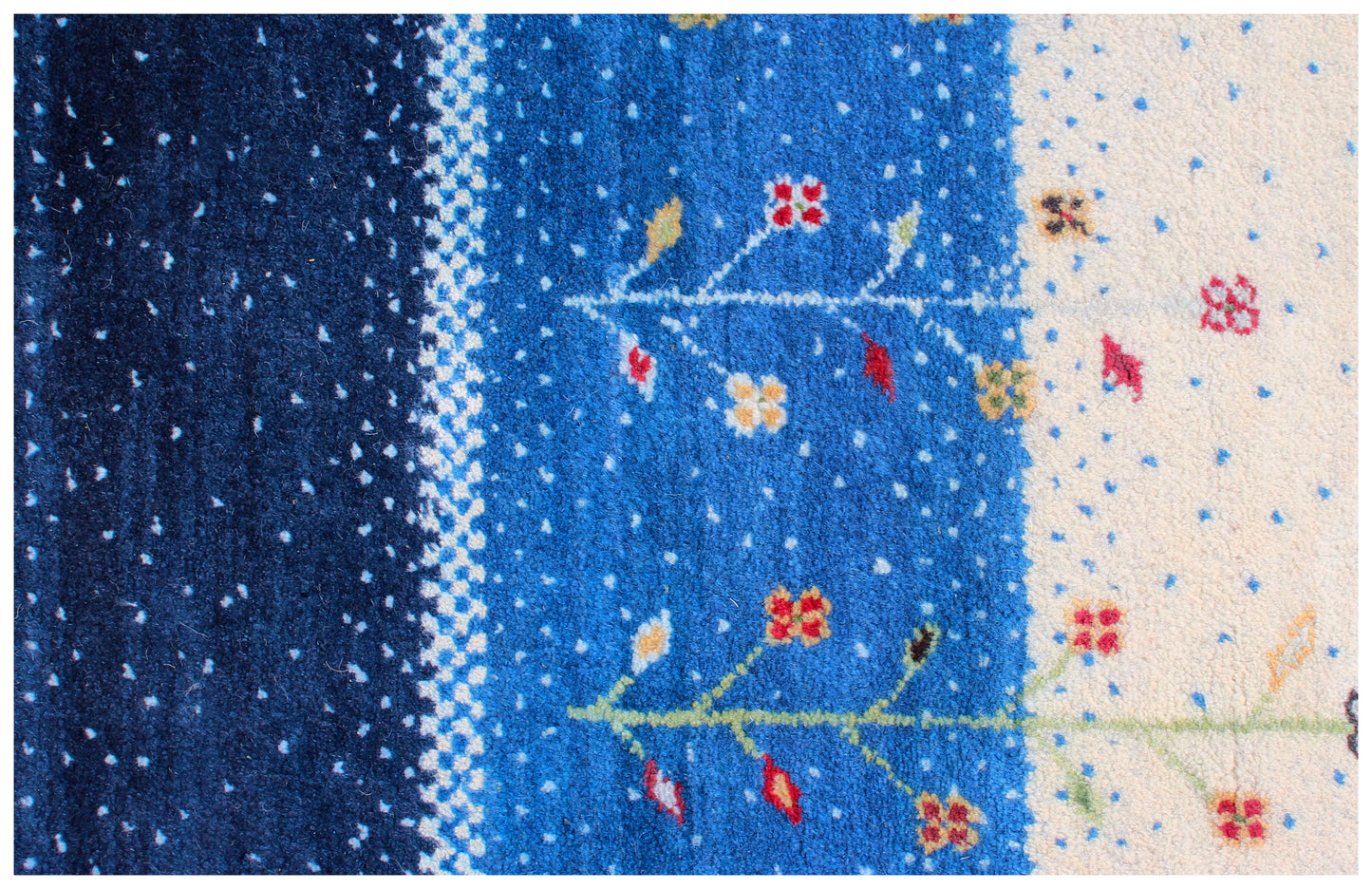 Ivory Blue Stripes Gabbeh Wool Rug 5.6x8 - Hand Knotted Tree Motifs