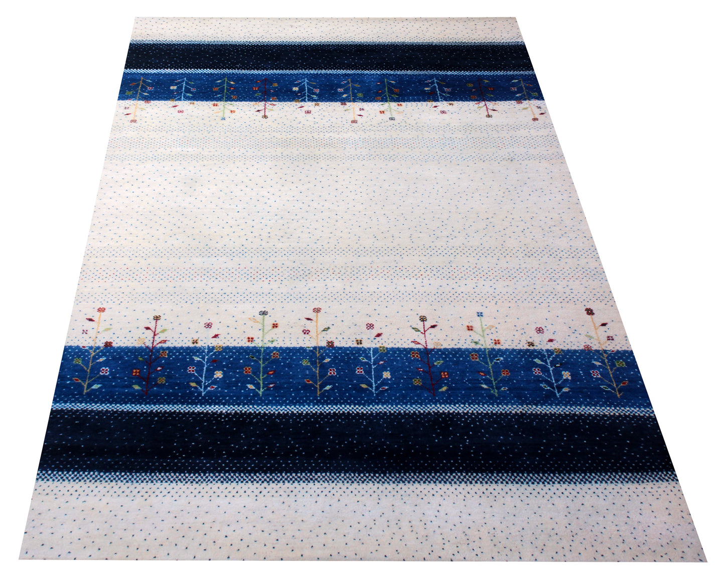 Ivory Blue Stripes Gabbeh Wool Rug 5.6x8 - Hand Knotted Tree Motifs