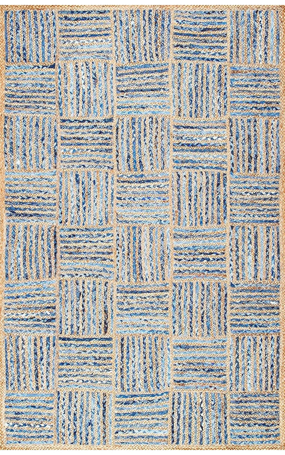 Hand Braided Blue Beige Rug - Jute Cotton Flat Weave Area Rug – Tufts Knots