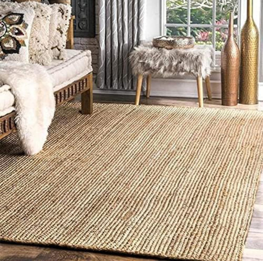 Hand Braided Jute Rug - Natural Beige Golden Brown Flat Weave Area Rug 