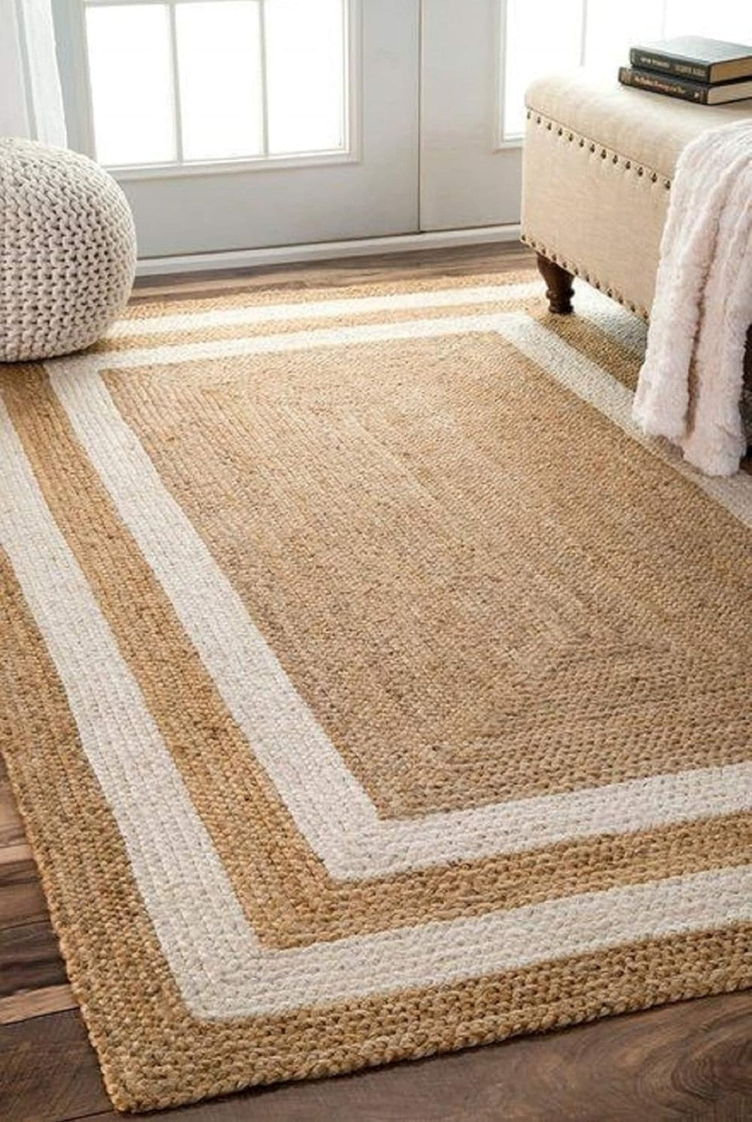 Hand Braided Jute Rug - Natural Beige White Border Flat Weave Area Rug 