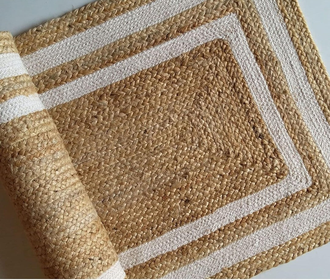 Hand Braided Jute Rug - Natural Beige White Border Flat Weave Area Rug 