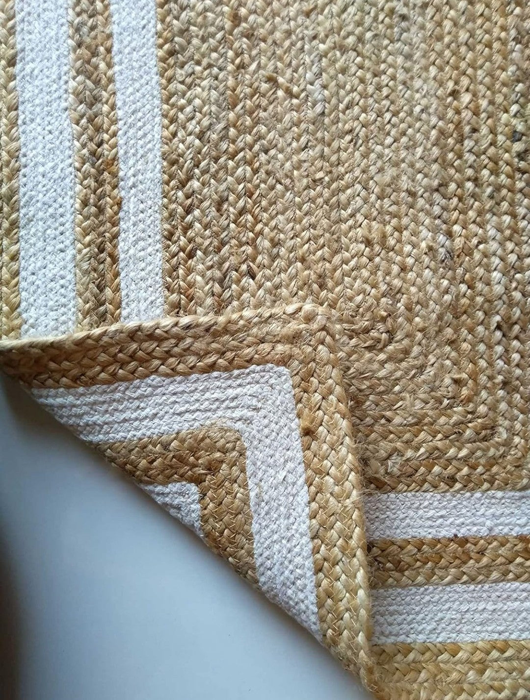 Hand Braided Jute Rug - Natural Beige White Border Flat Weave Area Rug 