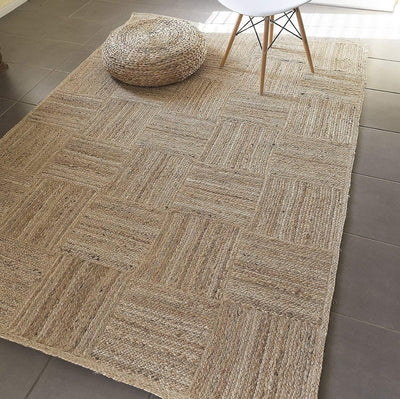 Hand Braided Natural Beige Basketweave Rug - Jute Cotton Flat Weave Area Rug