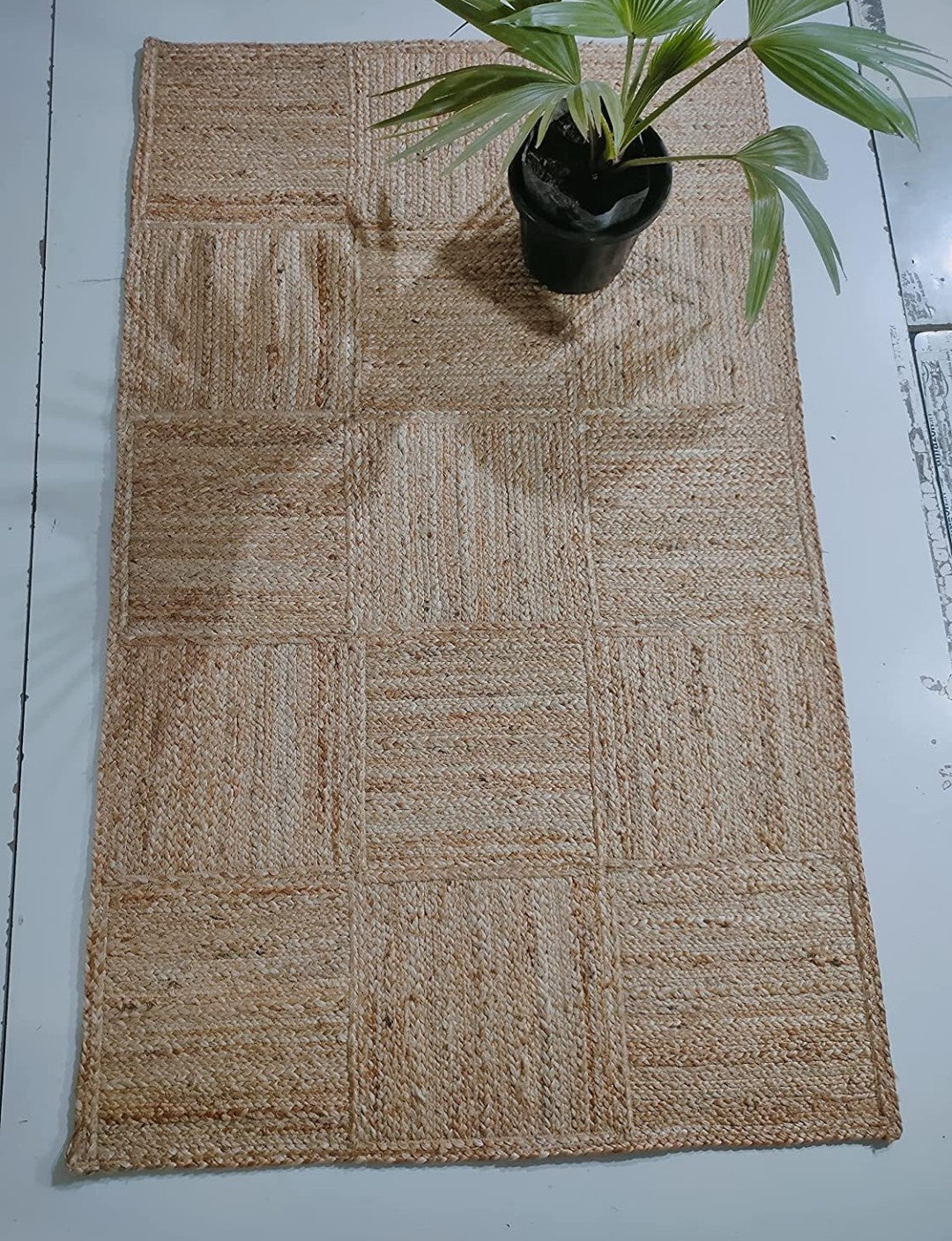 Hand Braided Natural Beige Basketweave Rug - Jute Cotton Flat Weave Area Rug 