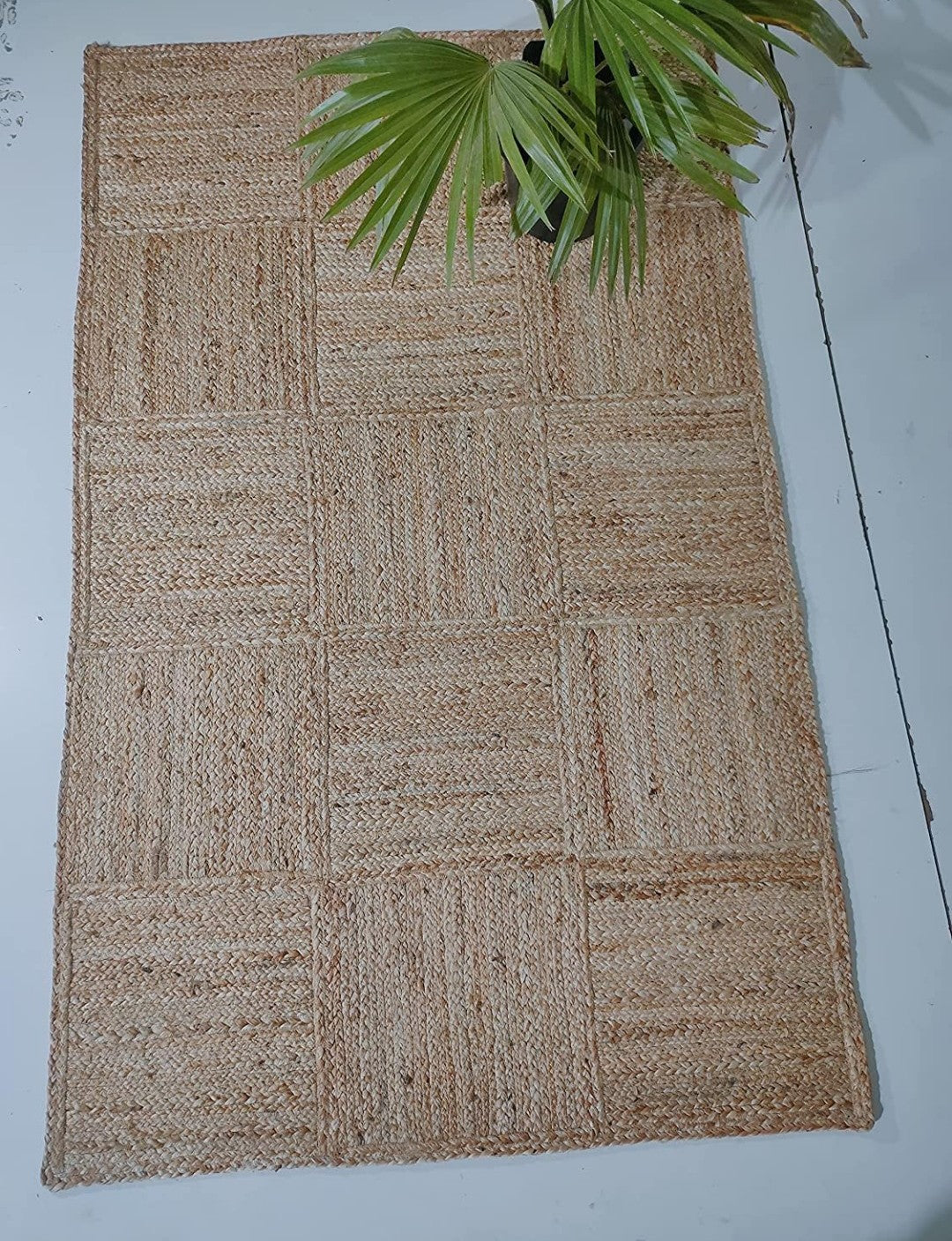 Hand Braided Natural Beige Basketweave Rug - Jute Cotton Flat Weave Area Rug 