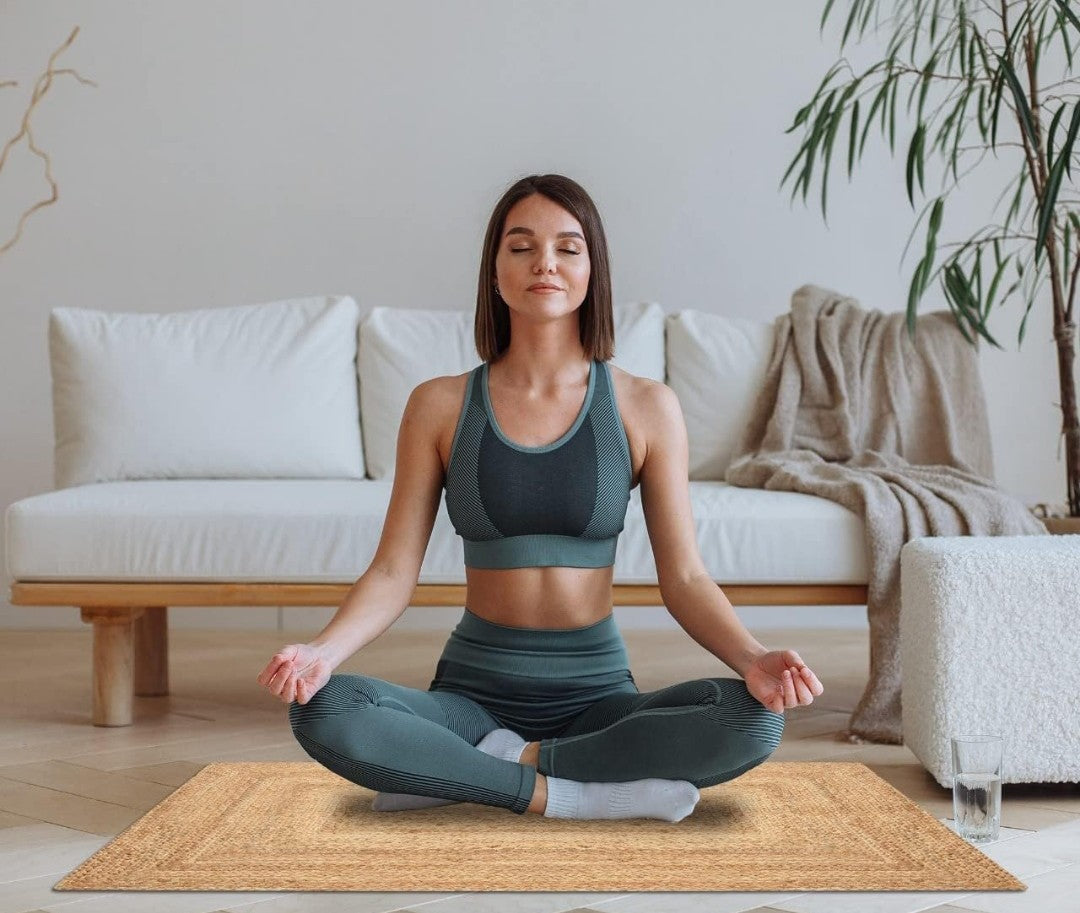 Hand Braided Oval Rug - Natural Beige Golden Brown Jute Cotton 8x10 