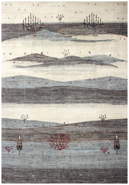 Hand Knotted Abstract Landscape Wool Rug 9x12 and 8x11.6 - Ivory, Grey & Taupe 