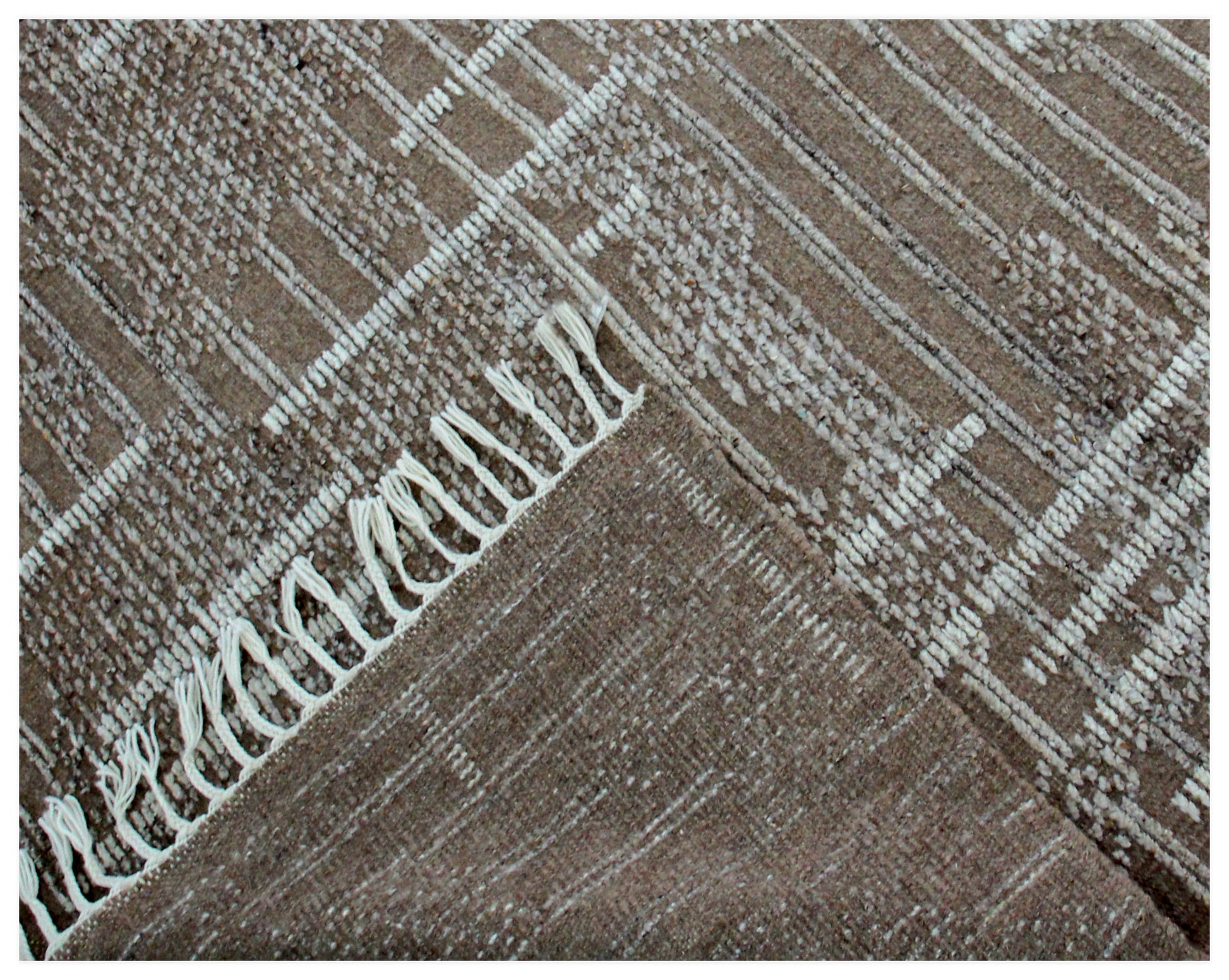 Hand Knotted Beige and Ivory Geometric Rug - Modern Area Rug 5.6x8.6 Feet 